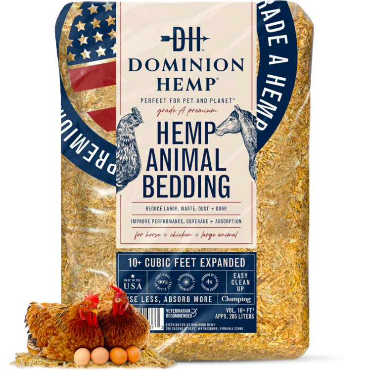 Dominion Hemp 10+ Cubic Feet Bag with chickens nesting on their eggs.