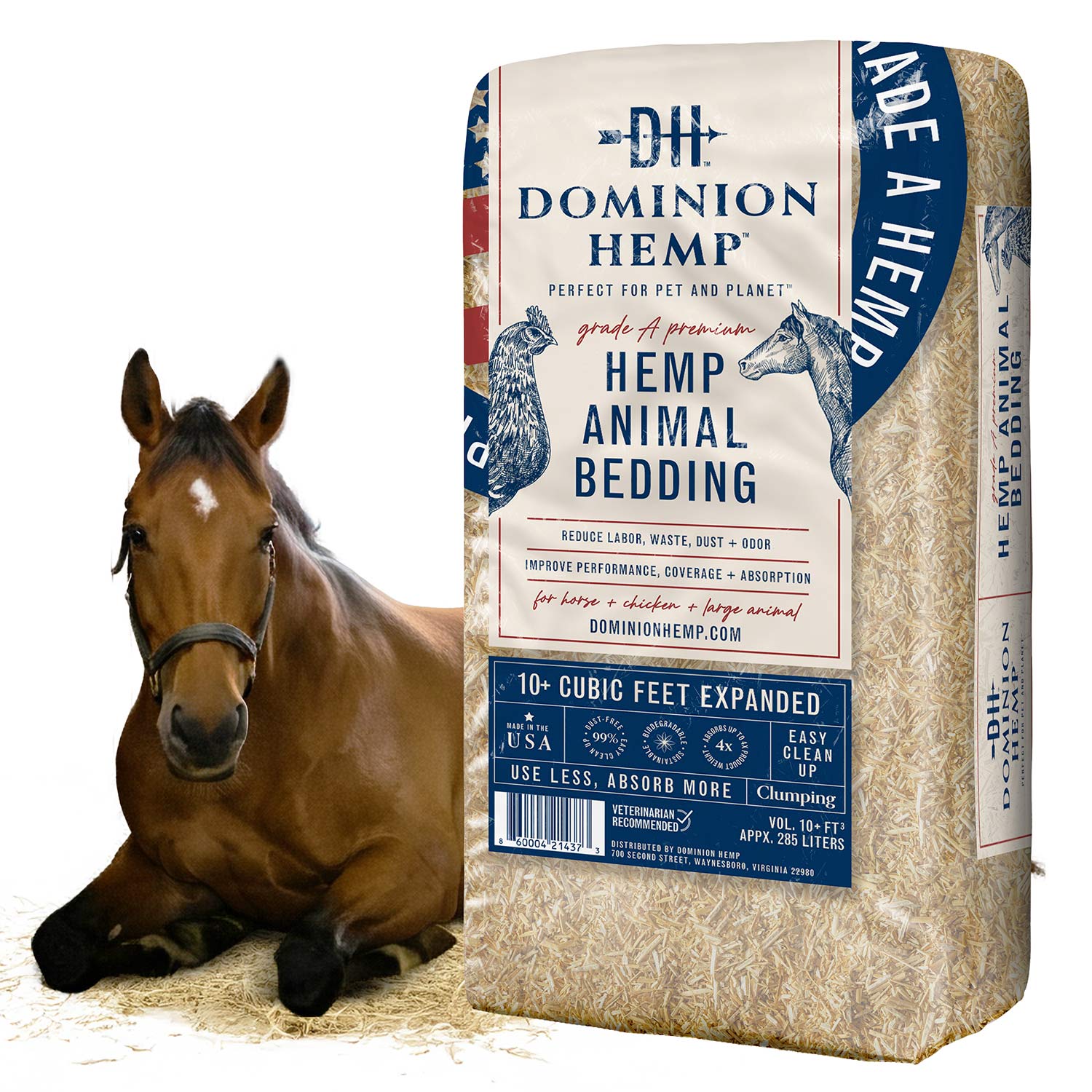Dominion Hemp Bulk Hemp Bedding with kneeling horse.