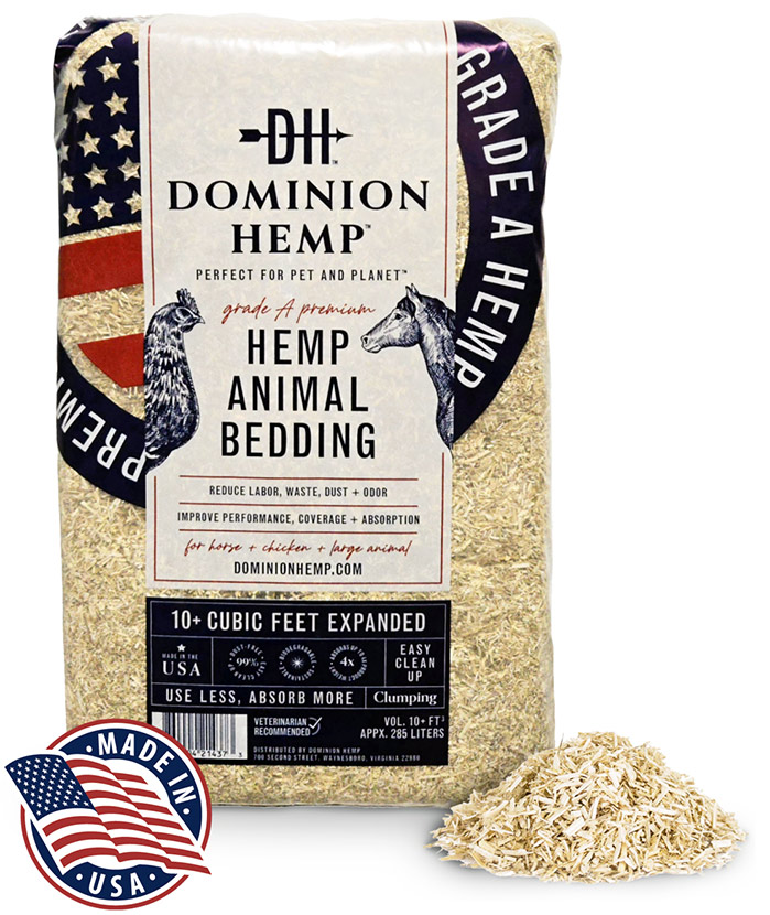 A bag of Dominion Hemp premium hemp bedding with Made in USA icon.